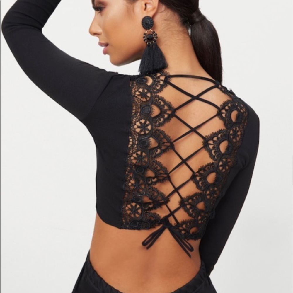 Black Lace-up Back Crop Top